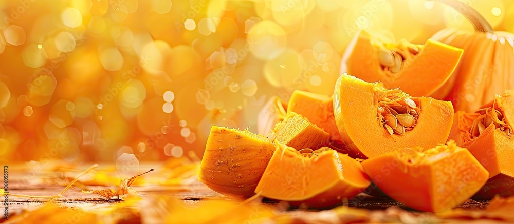 Poster butternut pumpkin pieces set against a fall backdrop, offering ample copy space. portrays a classic 