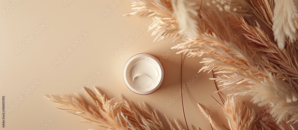 Poster Spa cosmetic product displayed in a cream jar on a branding mock-up, with a top view against a feathered background, in a flat lay style with copy space image.