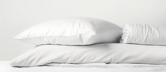 Clean bed sheets and pillow stacked neatly against a white backdrop, with available copy space image.