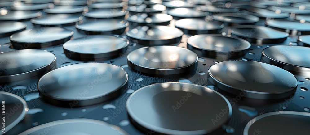 Poster Background image of grey surface with silver reflective circles. with copy space image. Place for adding text or design