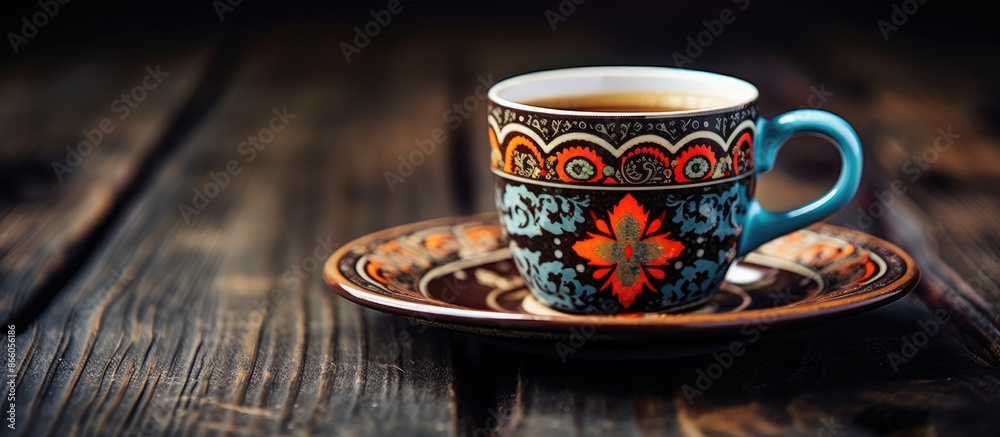 Poster traditional turkish coffee cup with intricate patterns and a retro feel, placed on a wooden table wi