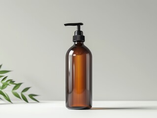 A bottle of lotion sits on a table with a leafy green plant next to it