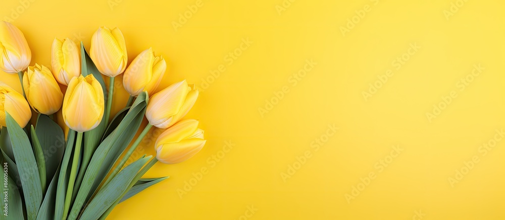 Poster a spring bouquet of yellow tulips set against a yellow backdrop, providing ample copy space image.