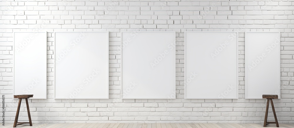 Aufkleber room with empty frames on a white brick wall, ideal for a copy space image.