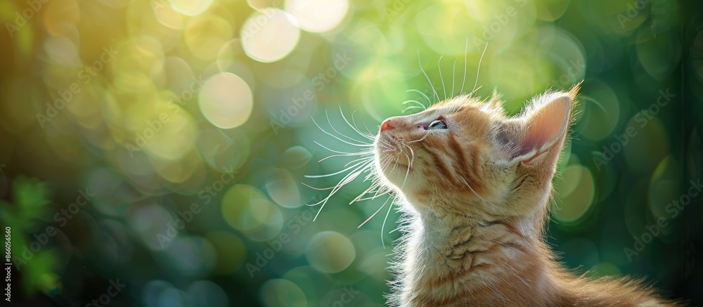 Poster Closeup portrait of a ginger kitten on a green background with copy space image as it gazes downward.