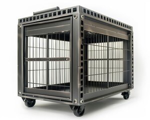 A black metal cage with a wire mesh top and wheels