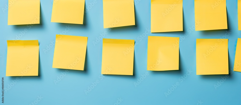 Poster pink note paper and yellow sticky notes on a blue background, providing a top view for a flat lay co