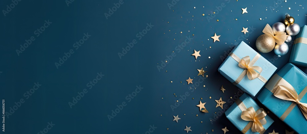 Poster festive christmas scene featuring a blue background adorned with gift box and decorations in a flat 
