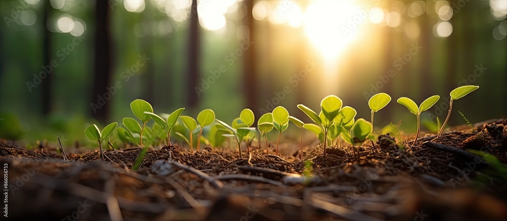 Poster Scenic sunset view of plant growth in forest, with a close-up perspective, suitable for adding text in the copy space image.