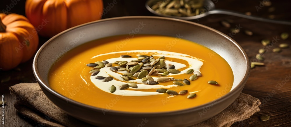 Poster a white plate holds homemade pumpkin soup topped with cream and seeds on a brown rustic wooden surfa