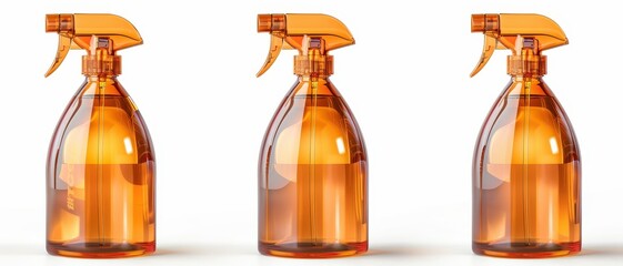 Three bottles of orange spray bottles are lined up on a white background