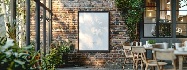 blank poster on the brick wall in cafe near table with chairs, beautiful sunlight. mock up, layout concept. space for your design. banner