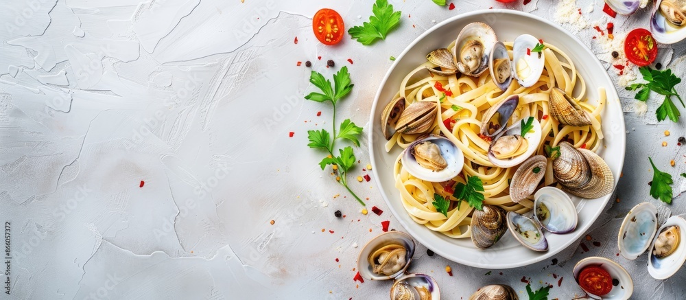 Fototapete seafood pasta with clams spaghetti alle vongole on a light background. top view. copy space image. p