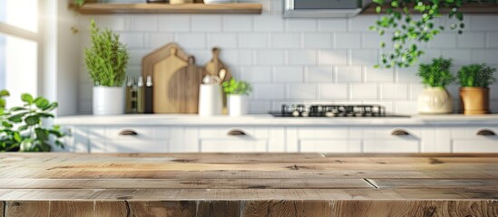empty table board and defocused modern kitchen background. product display concept. with copy space image. Place for adding text or design