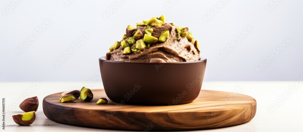 Poster avocado chocolate mousse topped with pistachios in a wooden bowl set against a blank white backgroun