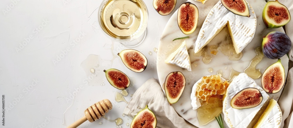 Aufkleber top view of camembert or brie cheese paired with fresh figs, honeycomb, and a glass of wine on a ser