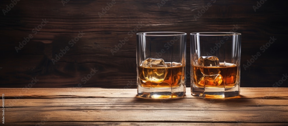 Poster whiskey glasses on a rustic wood backdrop with room for a copy space image.