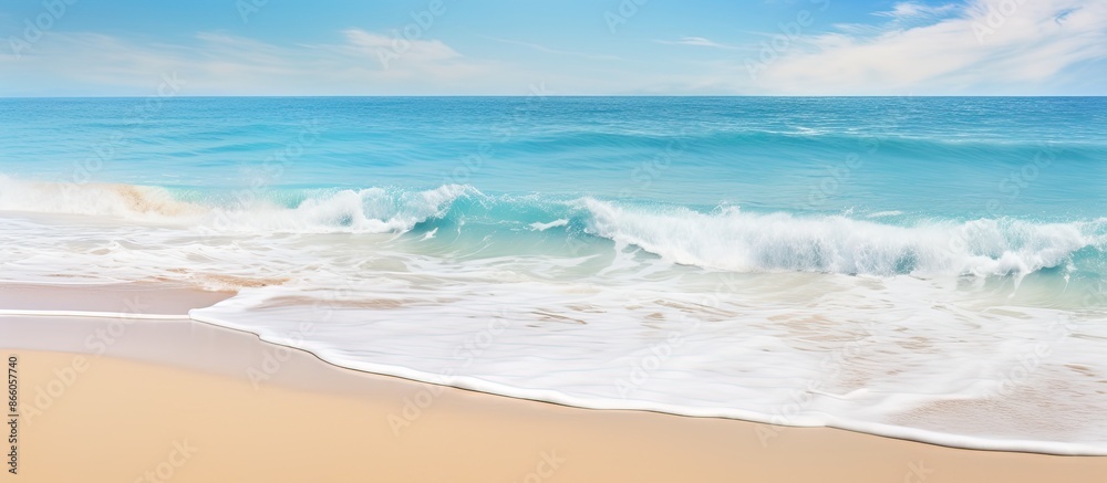 Poster sandy beach in summer with foamy waves, ideal for text in a copy space image.