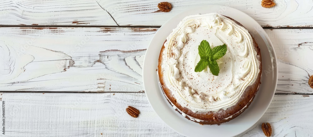 Poster Delicious homemade cake on a white wooden table, creating a flat lay composition with space for text in the image. with copy space image. Place for adding text or design
