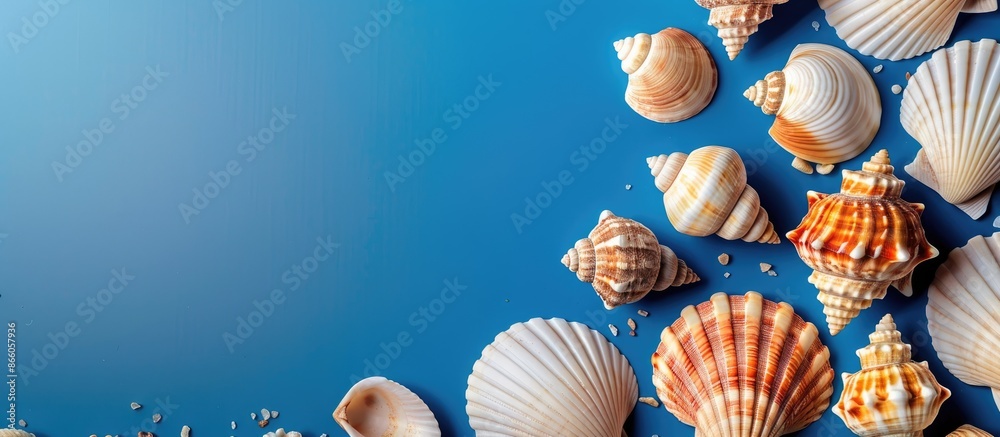 Poster Seashells arranged on a vibrant blue backdrop with copy space image.