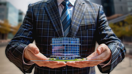 Fototapeta premium Person in suit presenting a high-tech, holographic building model