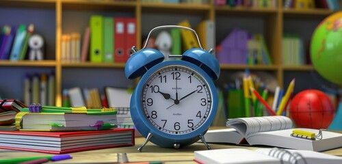 Ready for school background with an alarm clock, books, and stationery in 3D.
