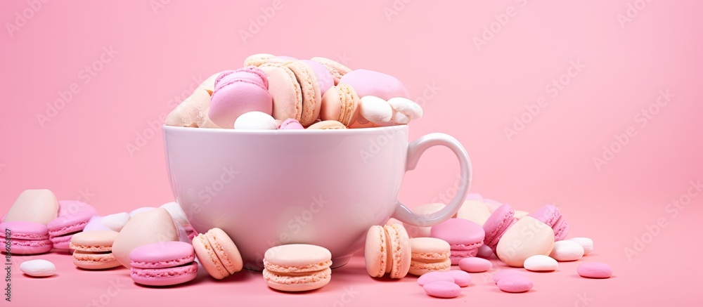 Poster a scene depicting marshmallow candy in a mug with macaroons set on a pink background, with ample cop