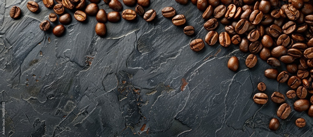 Poster coffee beans arranged on a textured black slate background with copy space image.