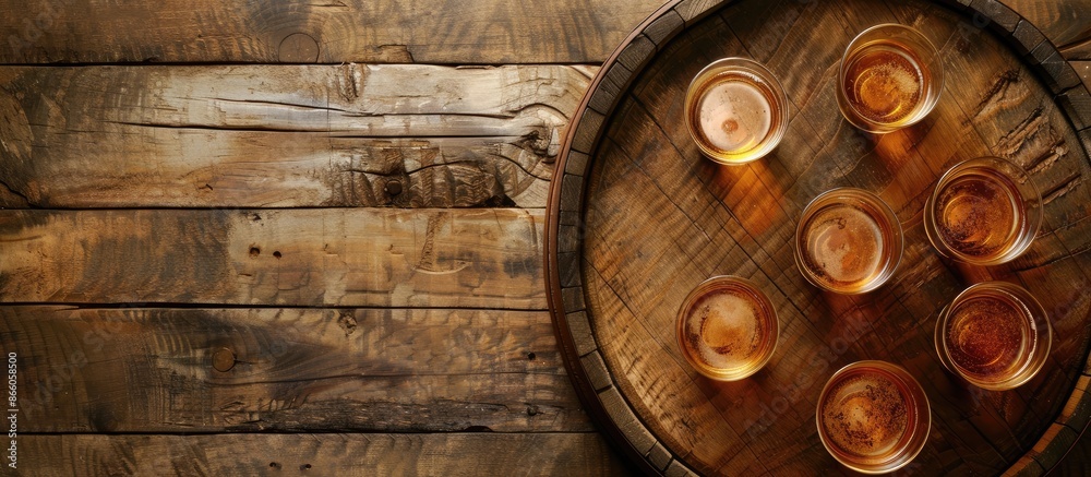 Poster flat lay composition featuring a wooden barrel, glasses of whiskey, with an opportunity for text in 