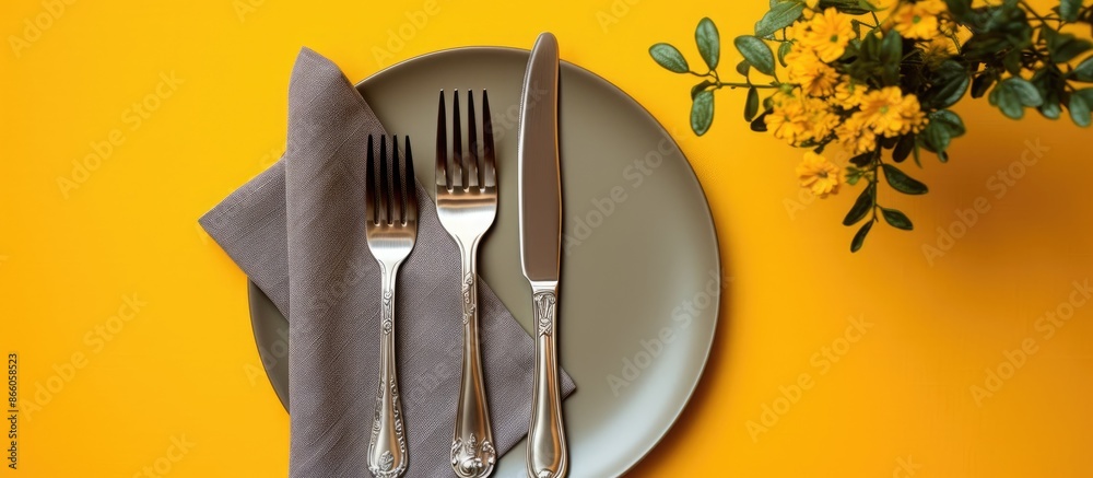 Poster Top view of a table place setting featuring bright yellow tones, a gray linen napkin with intricate embellishments, cutlery, all set against a yellow backdrop with copy space image.