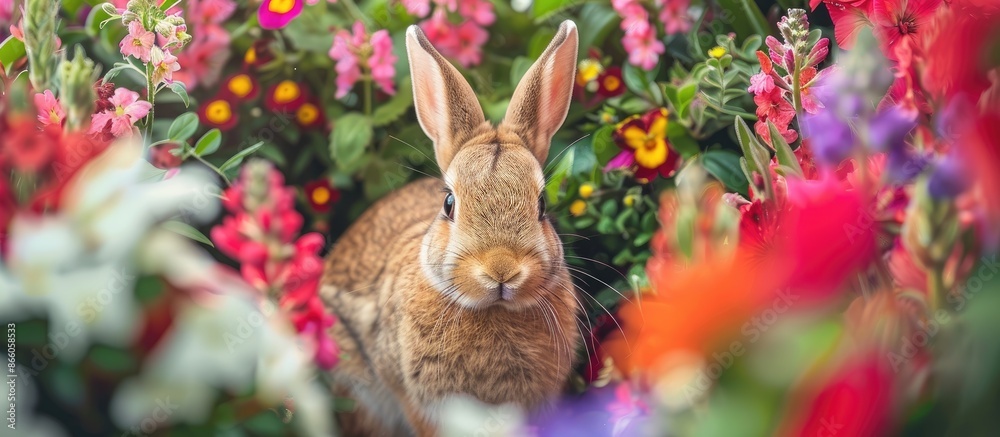 Aufkleber close-up concept with easter rabbit surrounded by fresh flowers, suitable for a copy space image.