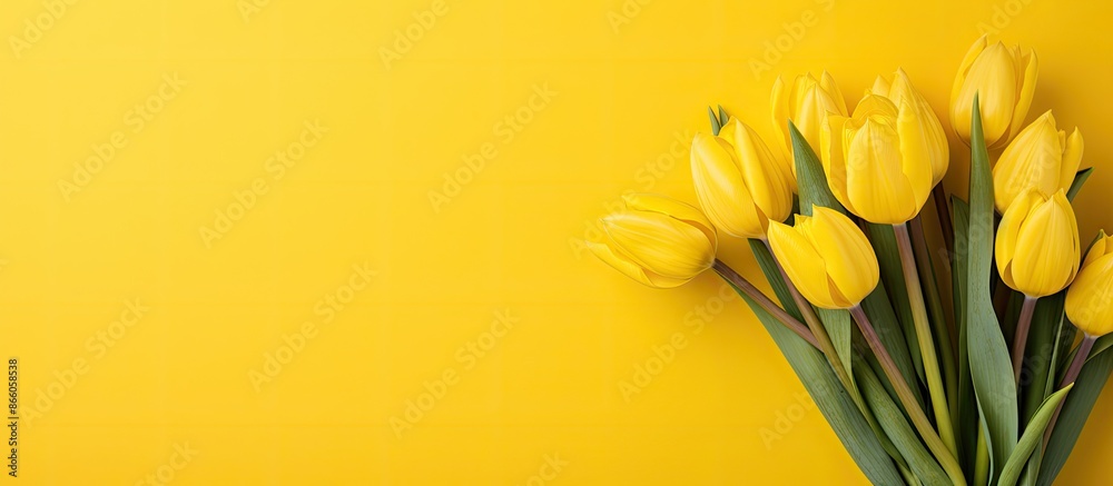 Poster a spring bouquet of yellow tulips set against a yellow backdrop, providing ample copy space image.