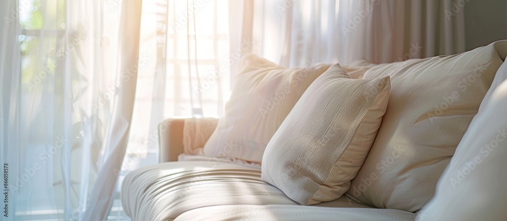 Poster contemporary interior of living room with part of sofa in sunny day and white curtain interior backg