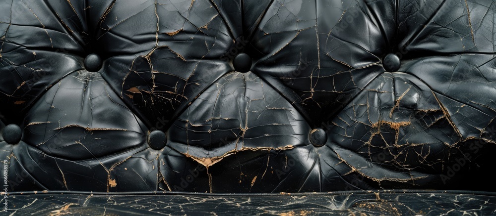 Poster upholstery,ripped and tear old leather sofa. black leather texture background. with copy space image