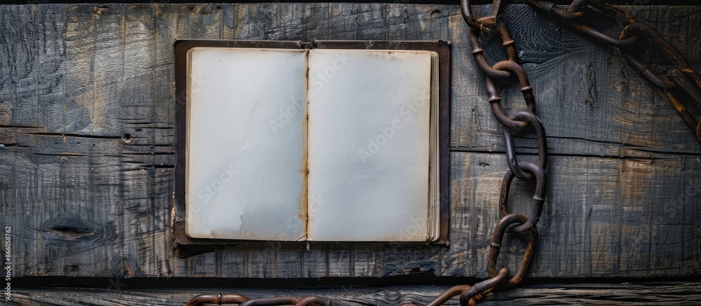 Poster Top view of a notebook with a blank page, set on a wooden table with an old rusty iron chain beside it, creating a copy space image.