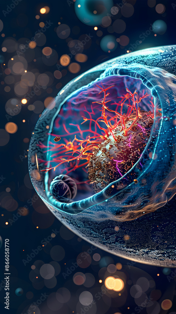 Poster 3d rendering of human cell or embryonic stem cell microscope background.