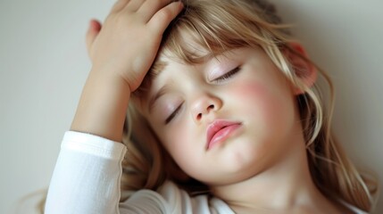Fototapeta premium Sleeping Child White Background. Cute girl holding her head, feeling tired and having a headache