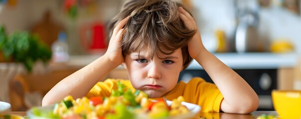 Displeased young boy refusing to eat spoiled food on plate at dining table raising awareness about food poisoning and nutrition education