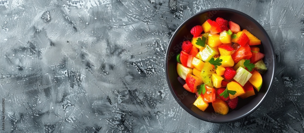 Leinwandbilder healthy fresh fruit salad in a bowl on a gray background. with copy space image. place for adding te