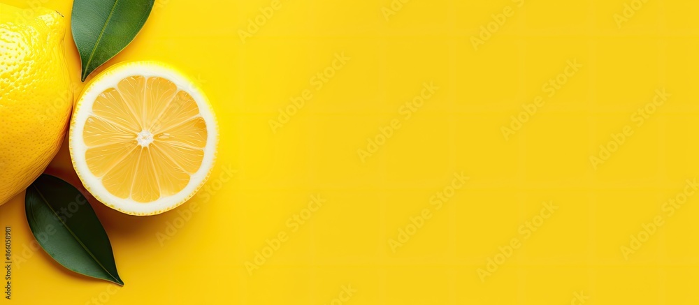 Poster A lemon fruit on a yellow background in a flat lay, top view with ample copy space for customization.