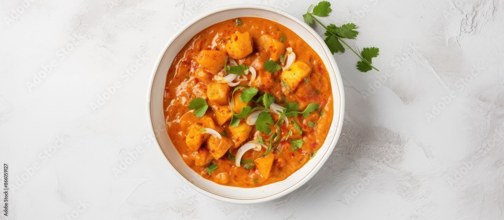 Poster indian style cottage cheese curry in a bowl on a white stone background with copy space image. top-d