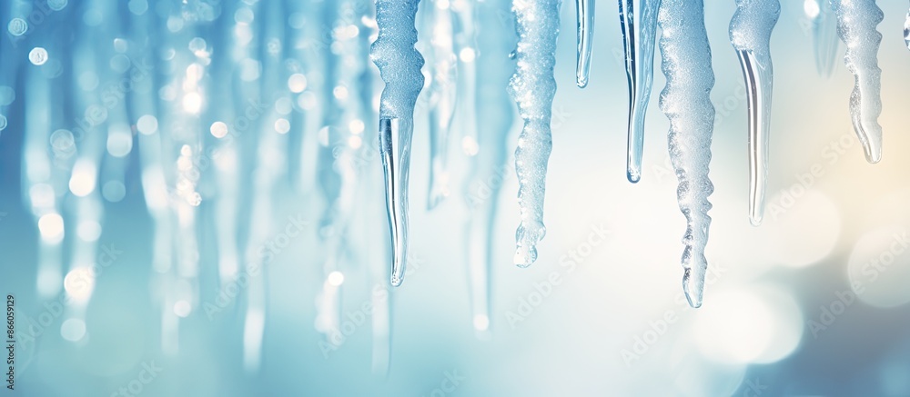 Poster Nature background in light blue, featuring transparent icicles on snow, creating a refreshing, serene setting for copy space image with soft focus.