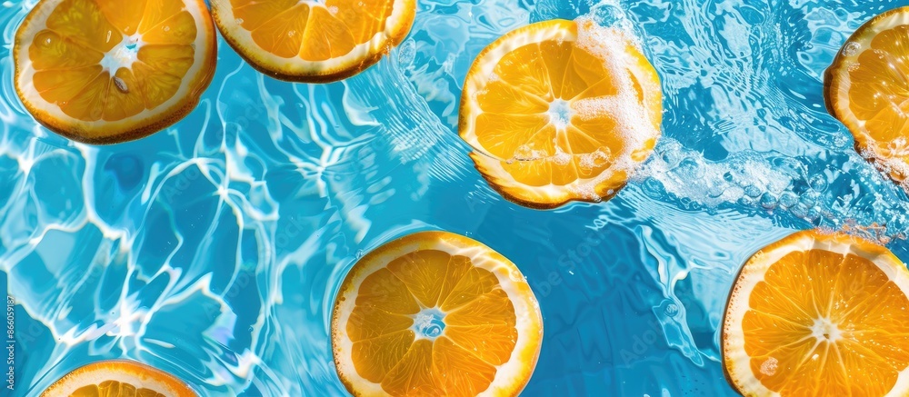 Poster Summer-themed background featuring orange fruit slices floating in a pool, perfect as a wallpaper with space for text or images. with copy space image. Place for adding text or design