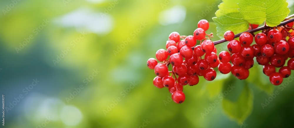Aufkleber copy space image of red viburnum berries against a blurred green backdrop.
