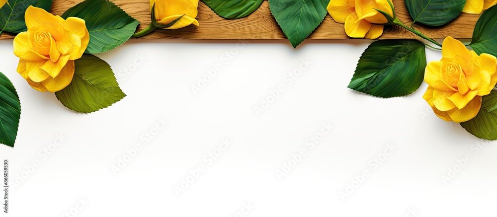 Poster yellow rose and green leaves on a wooden frame provide a copy space image against a white background