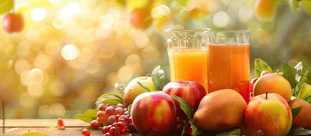 Leinwandbilder apple juice along with a variety of fruits, presented in an inviting setting with a blank space for 