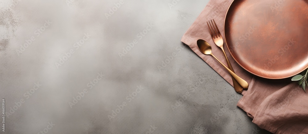 Poster vintage oval plate set with bronze cutlery for meat and cheese on a concrete background accompanied 