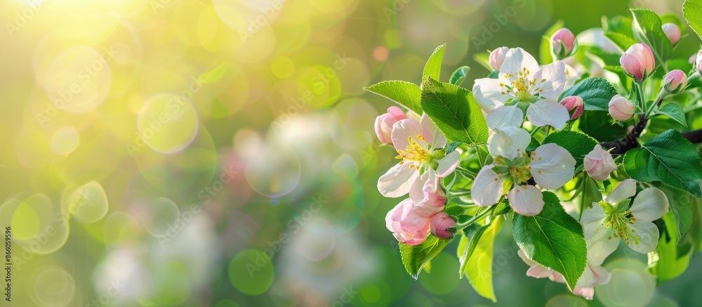 Poster close-up of a flowering apple tree branch against a blurred green backdrop with selective focus, ide