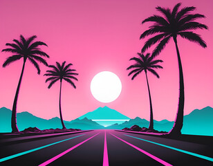 Retro Futuristic Vaporwave - sunset on the beach, tree on the beach, trees on the beach