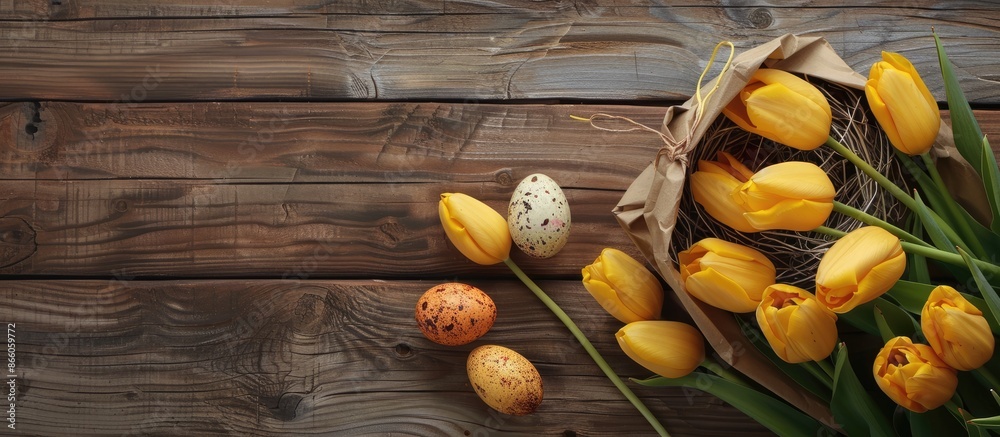 Poster a top-down view of yellow tulips in a paper bag next to a nest holding easter eggs on a wooden surfa